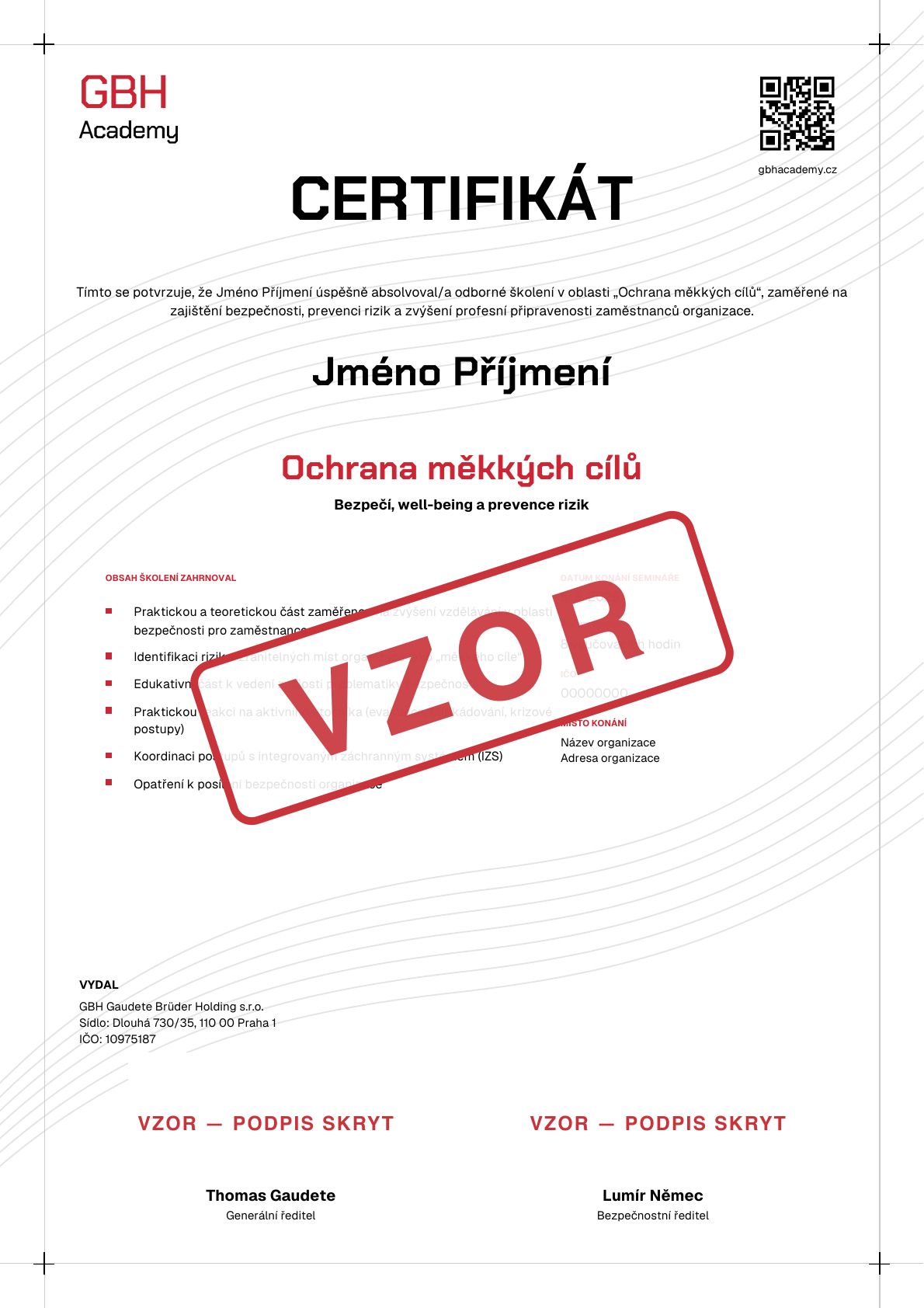 Certificado de muestra GBH Academy para un participante en la capacitación con el nombre Nombre Apellido