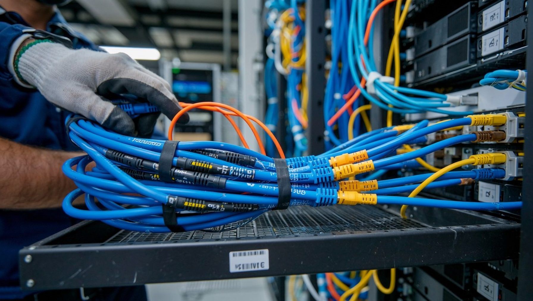 Detail síťového kabelu v serverové infrastruktuře